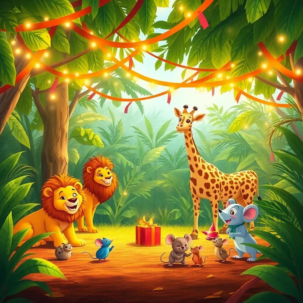 A beautiful jungle clearing decorated with shining leaves and colorful ribbons, where Elio and other animals, like lions, giraffes, and mice, prepare for a big celebration, cheerful illustration, festive atmosphere, high quality