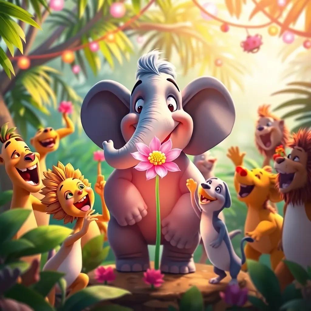 All the jungle animals laughing and dancing in celebration, Elio the elephant leading the fun, with the magical flower glowing in the center, joyful and energetic scene, bright and lively colors, digital art, uplifting vibe