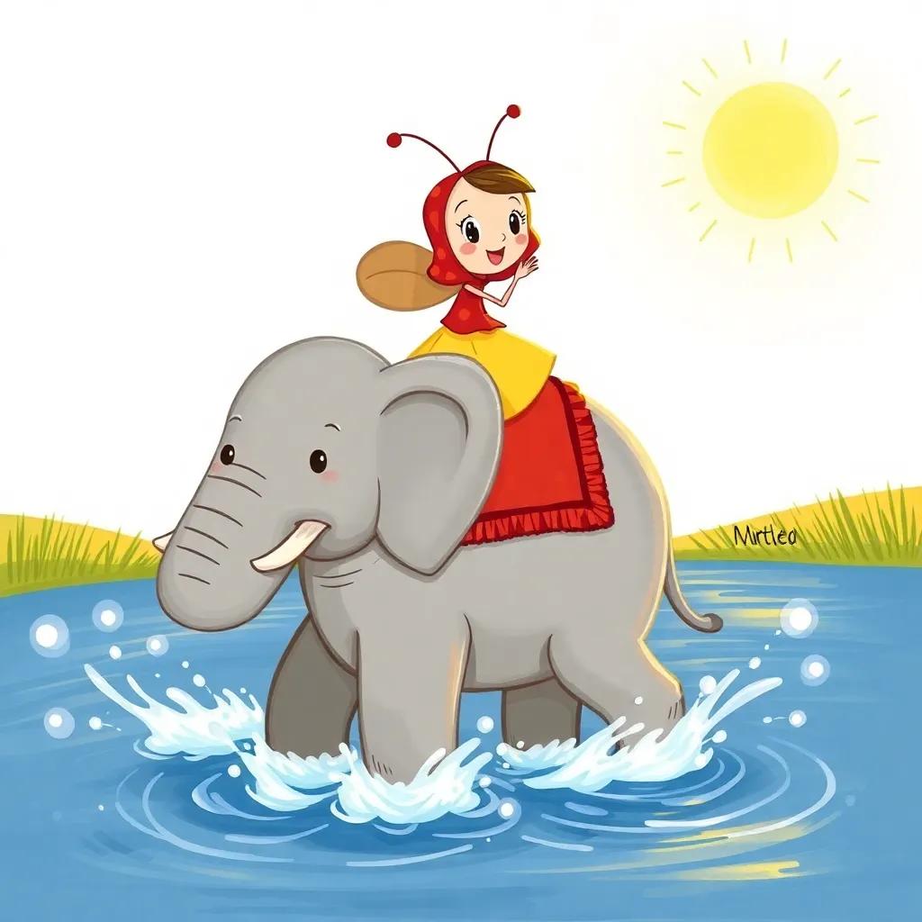 Ana the ant riding on Emilio the elephant's back, crossing a wide river with splashes of water around them, the sun is shining bright, joyful faces, fantastical, happy, bright colors, child-friendly
