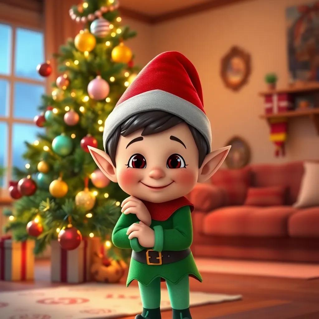 A small cheerful elf named Pepito, with a green outfit and red hat, hiding behind a Christmas tree with colorful ornaments and twinkling lights in a cozy living room, warm light, festive atmosphere, child-friendly, digital art
