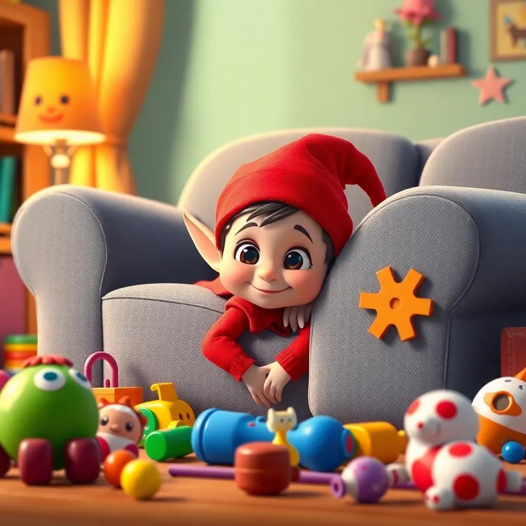 Pepito the elf, looking curiously behind a couch, colorful toys scattered around, warm lighting, lively scene, playful and imaginative, child-friendly