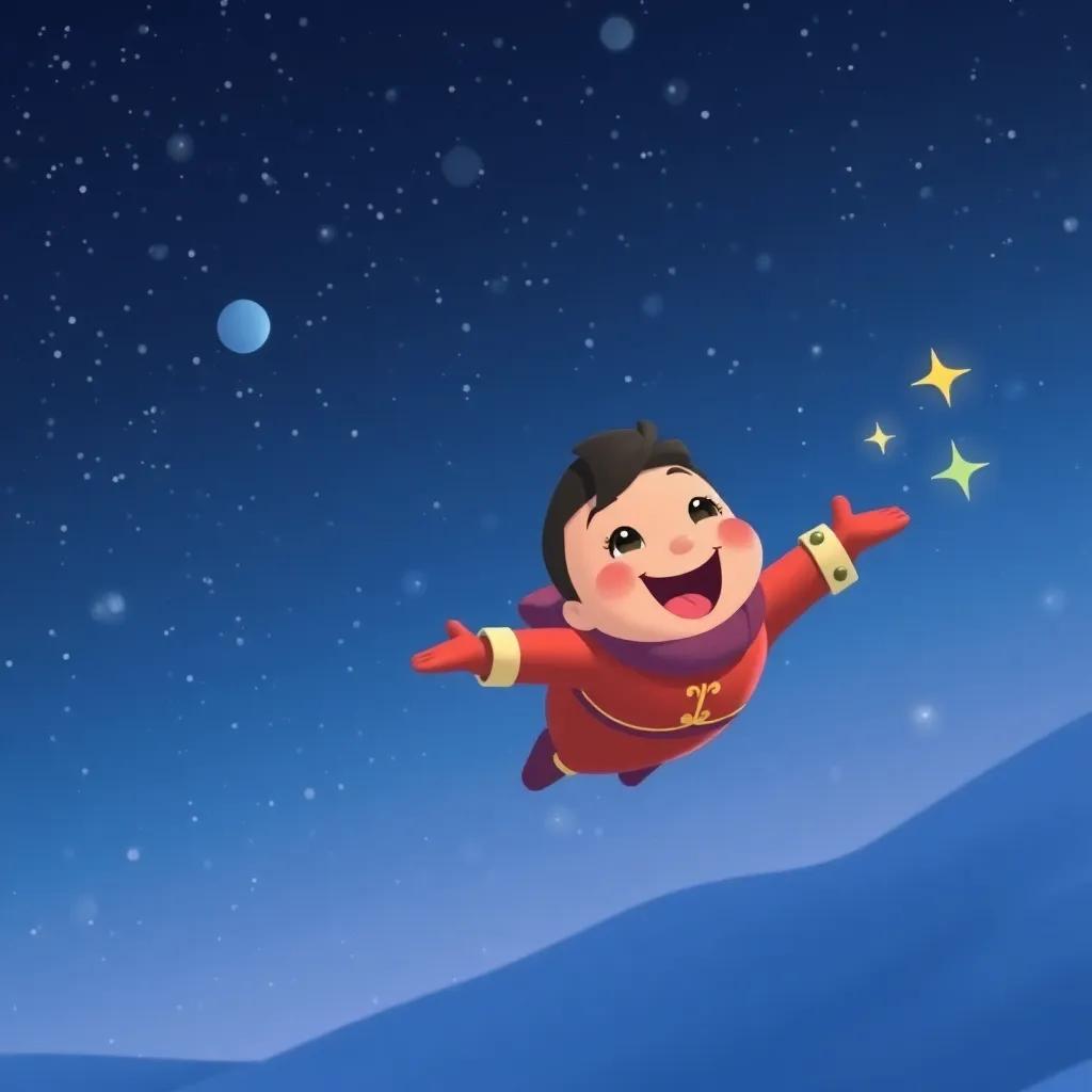 An illustration of Pepito flying back to the North Pole at night with starry skies, joyful expression, magic sparks, attractive color palette, fantasy style, high quality