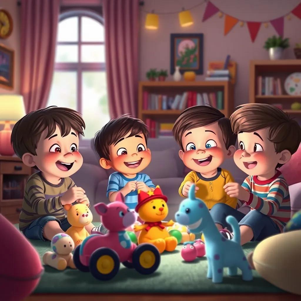 Children finding their toys mysteriously moved, giggling in a cozy living room, colorful decorations, cheerful expressions, playful and fun atmosphere, high detail