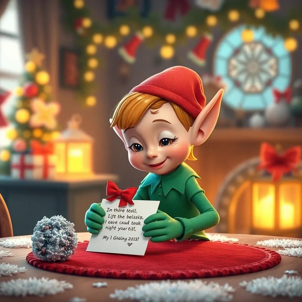 Pepito the elf leaving a small gift on a table with a note, warm light, festive decorations in the background, whimsical and magical scene, vivid colors, high quality