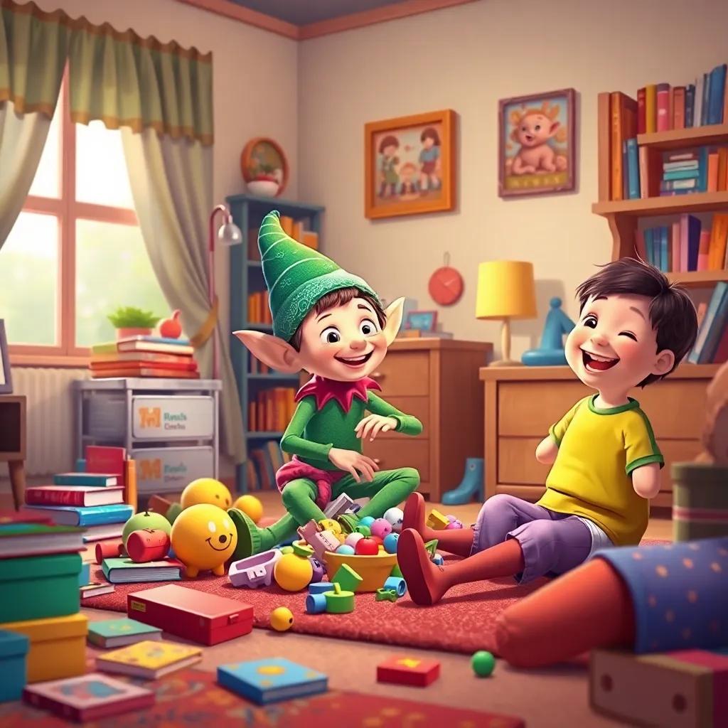 Pepito the elf playfully messing up a child's room, toys and books scattered, child surprised and laughing, cozy indoor scene, colorful, child-friendly