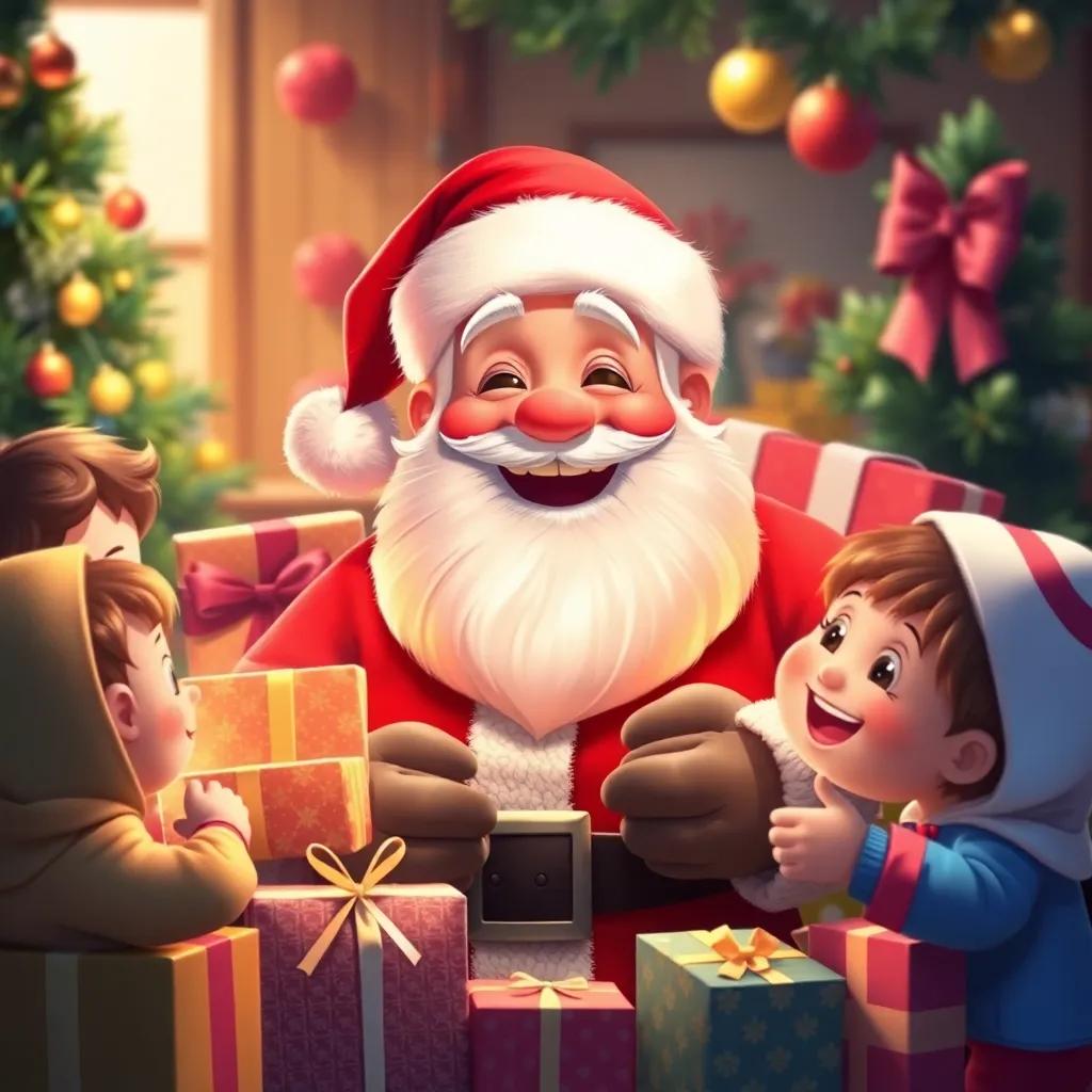 A cheerful Santa Claus surrounded by wrapped gifts, smiling warmly at happy children, festive atmosphere, warm colors, heartwarming scene, highly detailed