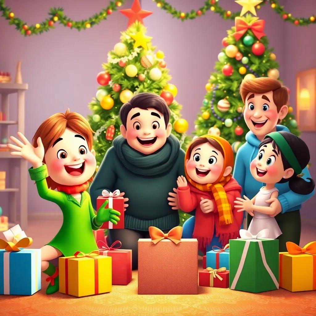 A happy family celebrating Christmas with gifts, including Pepito the elf waving goodbye, decorated Christmas tree and joyful expressions, bright and colorful, celebratory mood, high quality