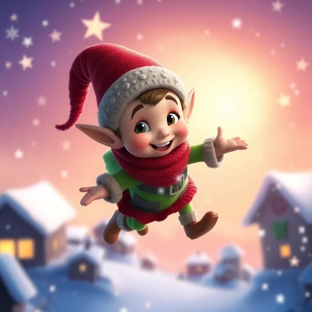 Pepito the nimble elf flying back to the North Pole, twinkling stars and snowflakes all around, vibrant colors, enchanting and magical, breathtaking quality