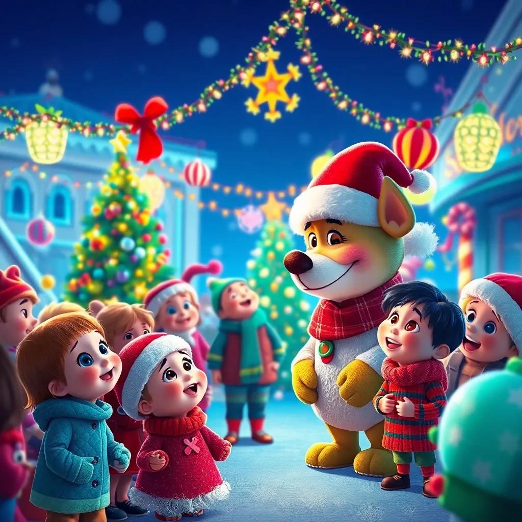 A vibrant Christmas scene with Pepito observing the children happily, surrounded by festive lights and decorations, joyful and magical feeling, high detail, rich colors.