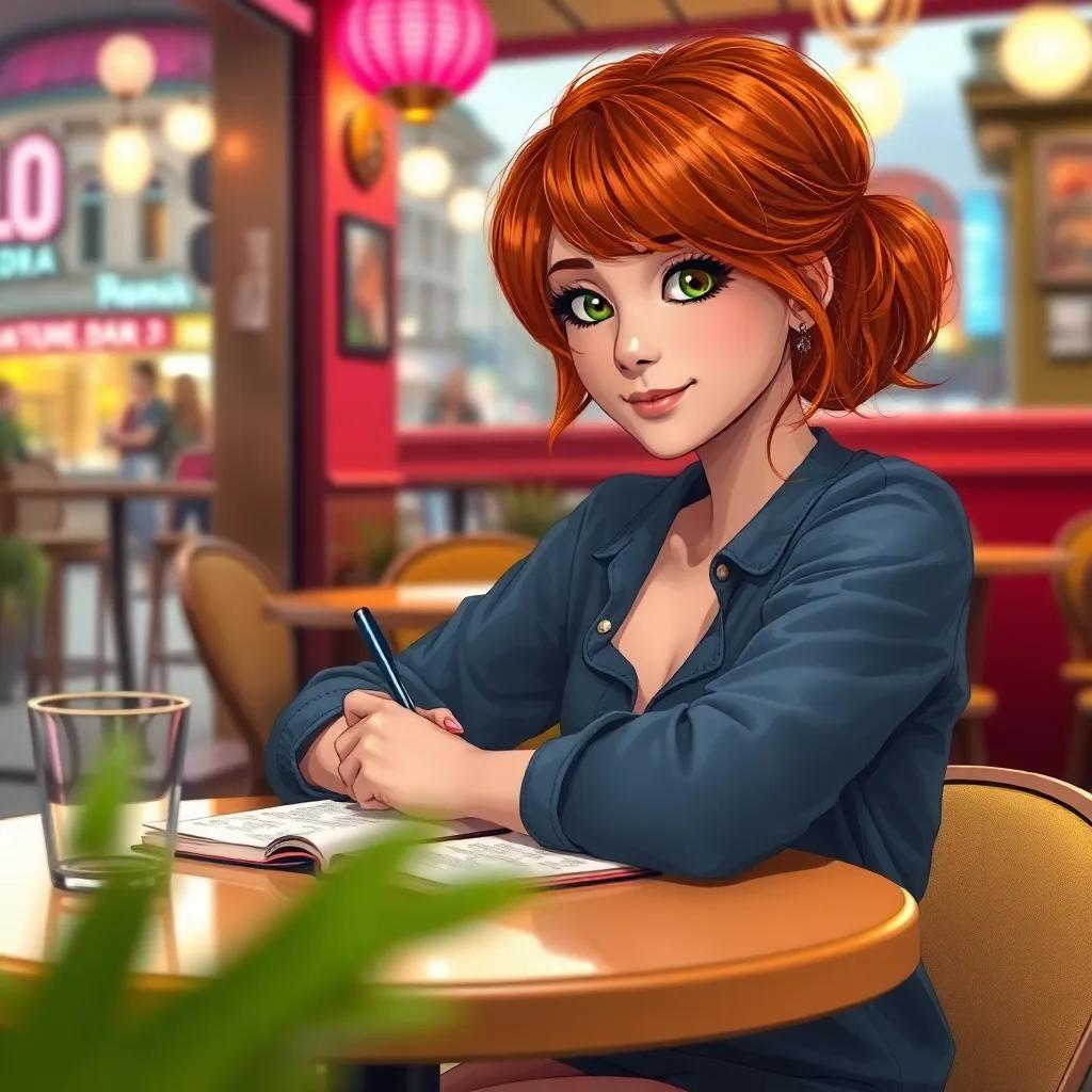 Maia, una chica de 18 años, con cabello castaño y ojos brillantes, sentada en una mesa de un café pequeño, escribiendo en su diario, con decoraciones coloridas alrededor y el bullicio de la ciudad al fondo, digital art, vibrant colors, warm atmosphere, cheerful