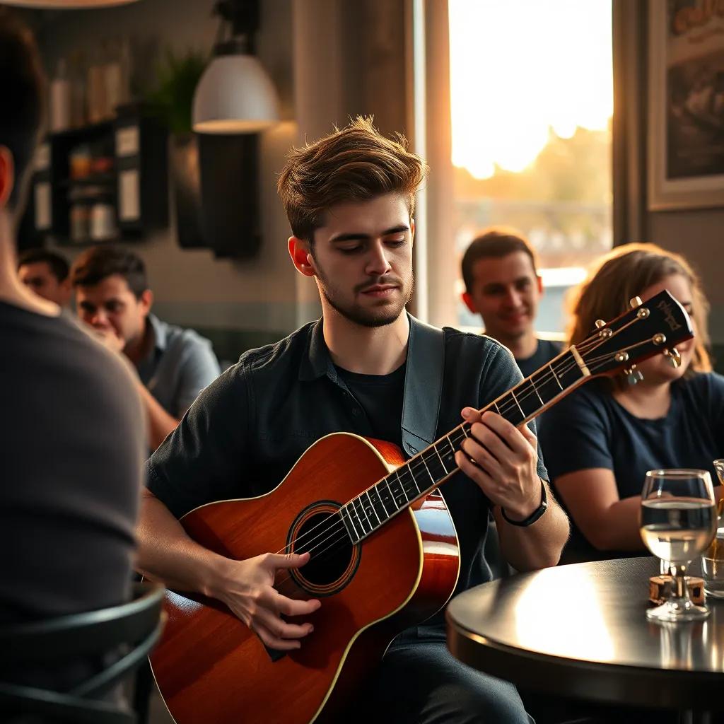 Lukas, un joven de 20 años, con cabello rizado y barba ligera, tocando la guitarra en una esquina del café, rodeado de amigos sonriendo, luz del atardecer filtrándose a través de la ventana, cozy, lively, engaging