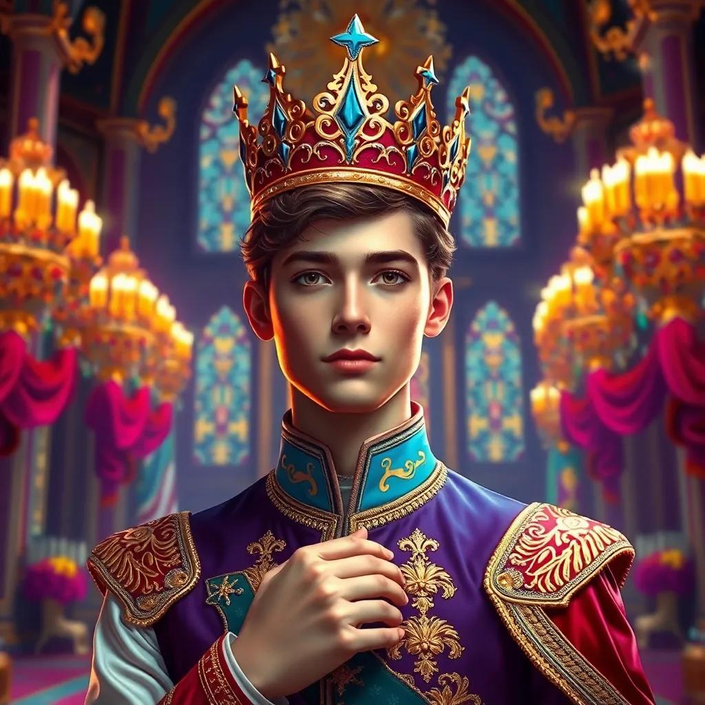 A young prince, elegant and handsome, preparing for a royal party in a grand castle, wearing a royal outfit with a crown, surrounded by colorful decorations, digital art, bright and festive, enchanting atmosphere, high quality