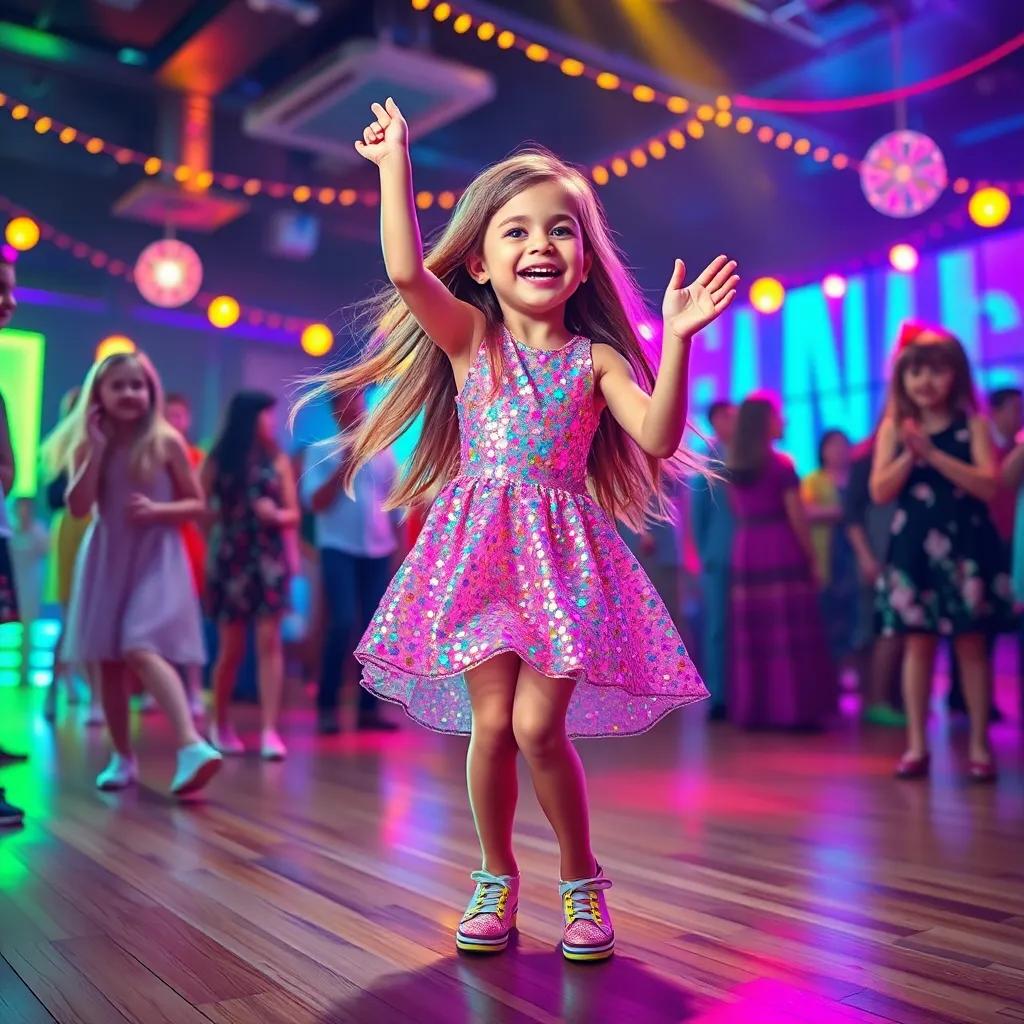 A joyful young girl, Cenicienta, with long, flowing hair, wearing a sparkling dress and bright shoes, dancing at a lively party with other guests, vibrant colors and lights, child-friendly, cheerful scene, high quality, festive mood