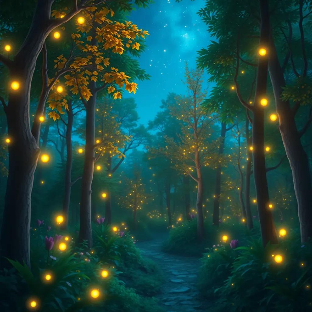 A magical night in the forest, with glowing fireflies dancing under the stars, vibrant colors, serene atmosphere, digital art, inviting and enchanting scene