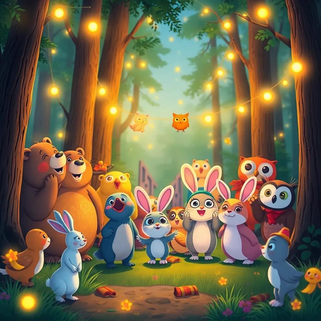 A joyful gathering of animals in the forest, bears, rabbits, and owls excitedly arriving for the firefly festival, colorful with a warm glow, cheerful atmosphere