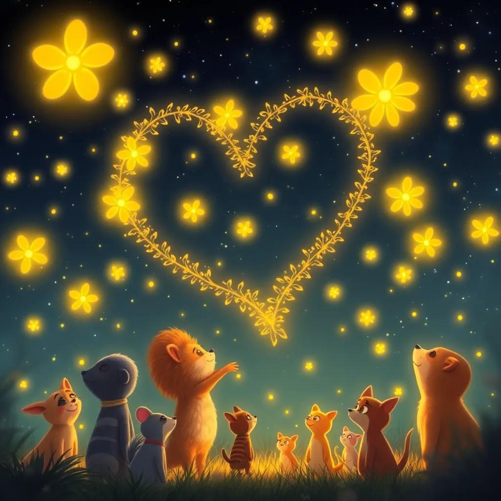 Fireflies swirling in the air, creating shapes like hearts and flowers, surrounded by amazed animals watching, warm light, child-friendly illustration