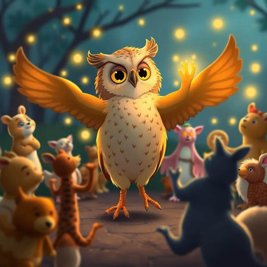 A wise owl leading a dance in a circle with animals, fireflies shining bright, depicting joyful movement and unity, whimsical style