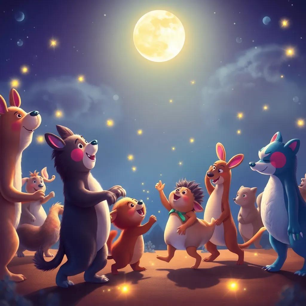 Animals dancing merrily, with the moon and stars shining down, fireflies illuminating the scene, lively colors, joyful ambiance, digital painting