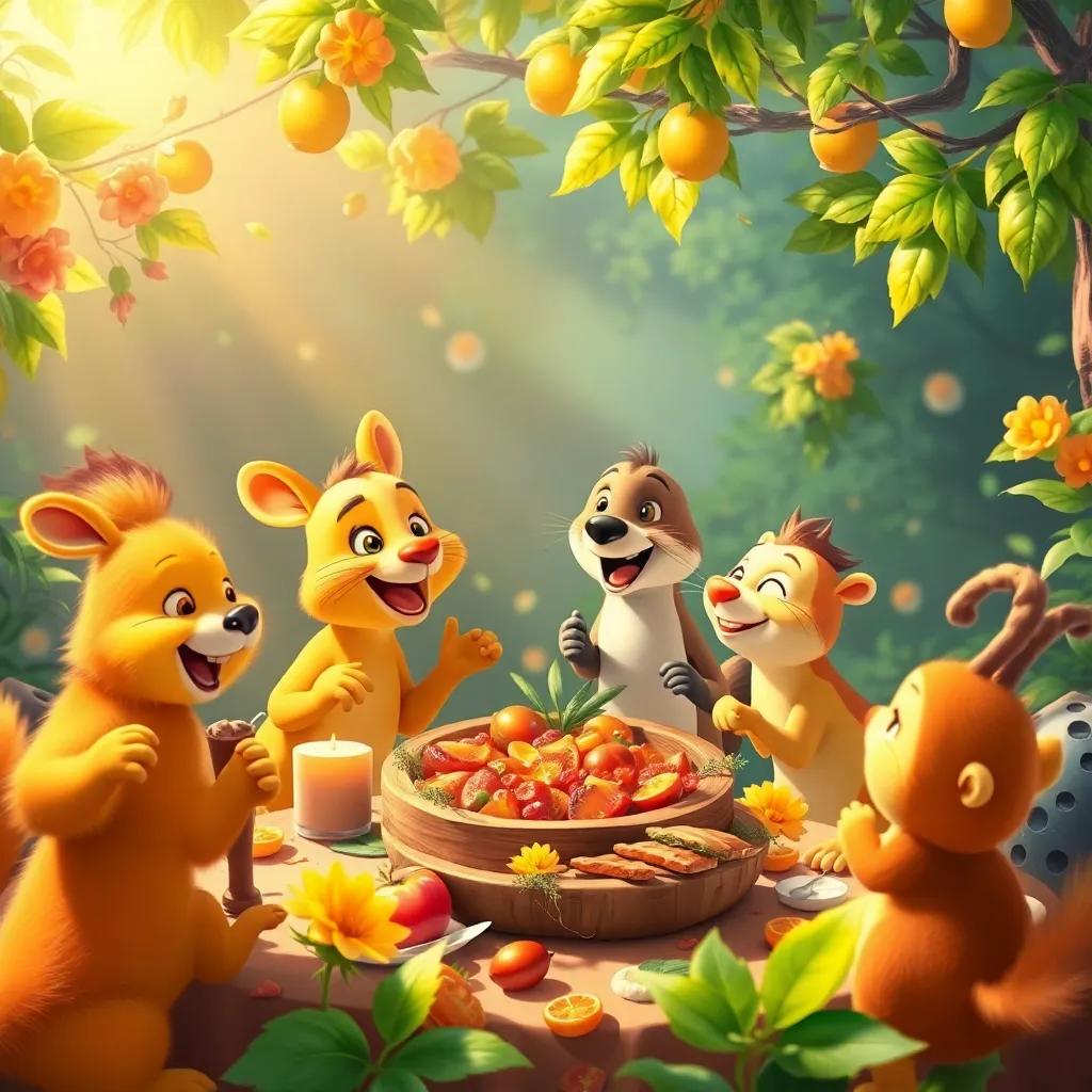 A delightful feast with animals sharing nectar and fresh leaves, bright and colorful, filled with laughter and festivity, enchanting scene