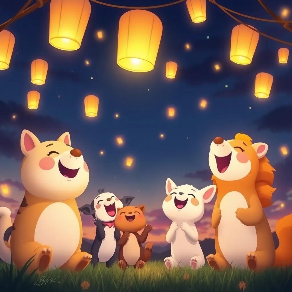 Animals joyfully singing songs of friendship under the twilight sky, paper lanterns floating above, magical and warm atmosphere, fantasy