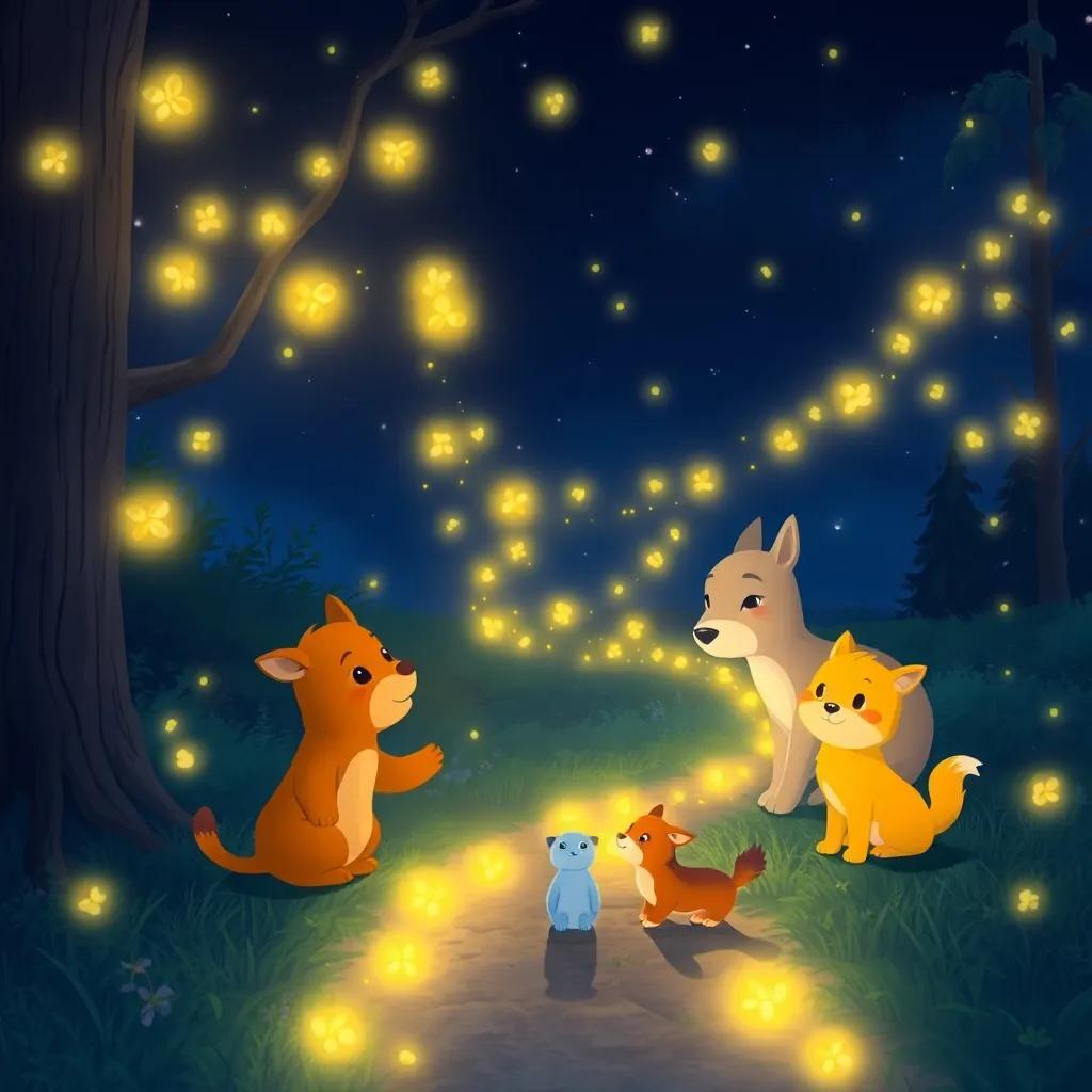 Fireflies guiding the animals back home, creating a magical pathway of light, comforting night scene, heartfelt and uplifting themes