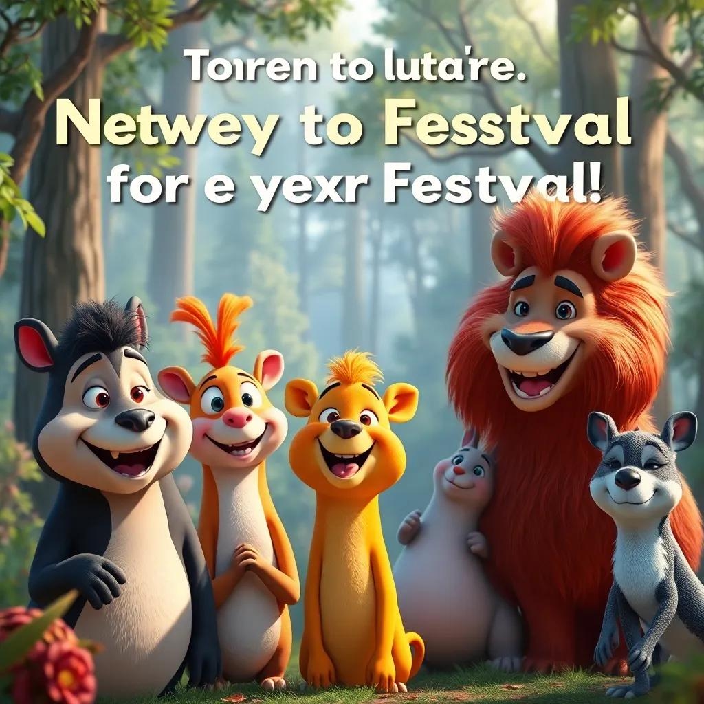 Animals promising to return for next year’s festival, with smiles on their faces, serene forest background, vibrant and heartwarming