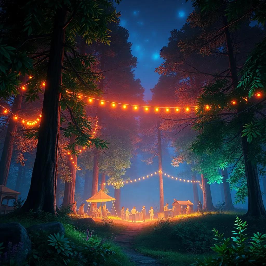 A final view of the forest after the festival, memories of light and joy lingering, enchanting night, rich colors, nostalgic and joyful vibes.