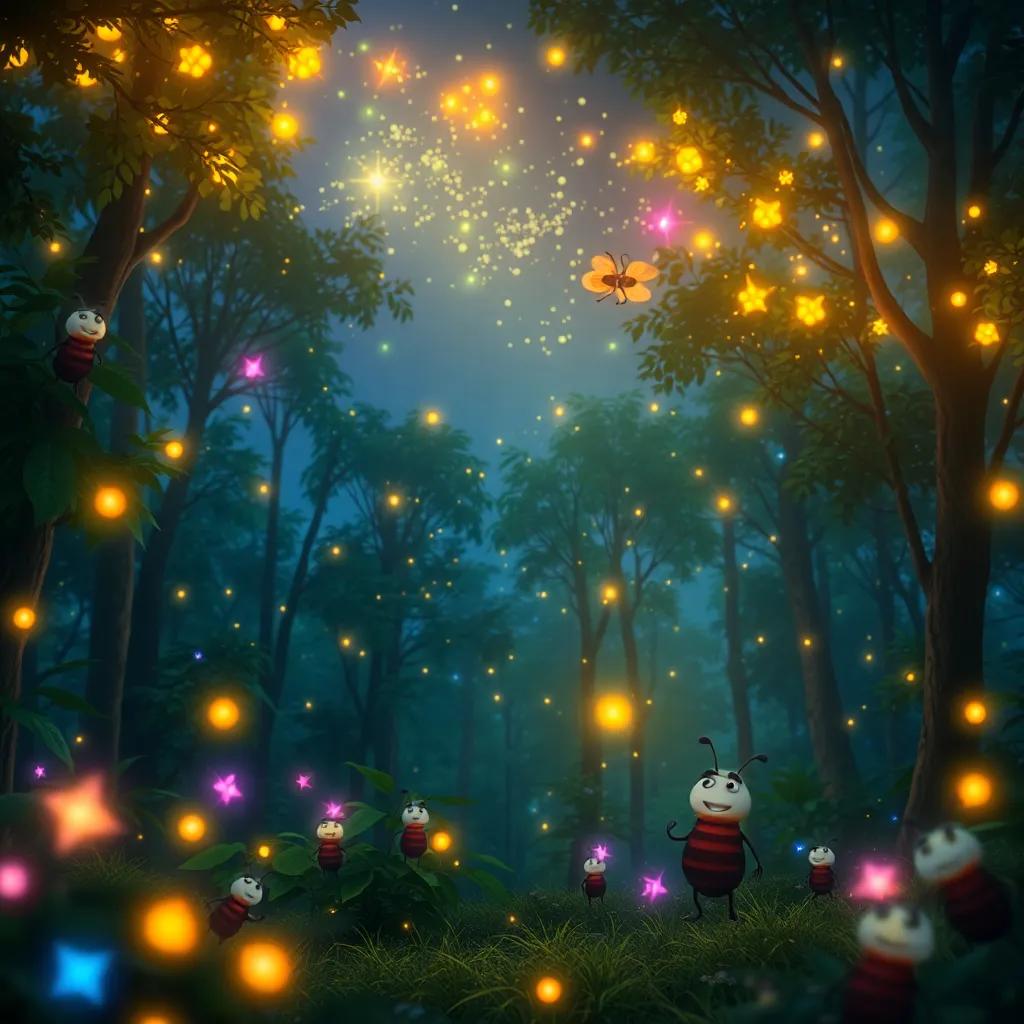 A magical night in the forest, with fireflies lighting up the sky like stars, colorful lights dancing in the air, gathering insects celebrating, vibrant atmosphere.