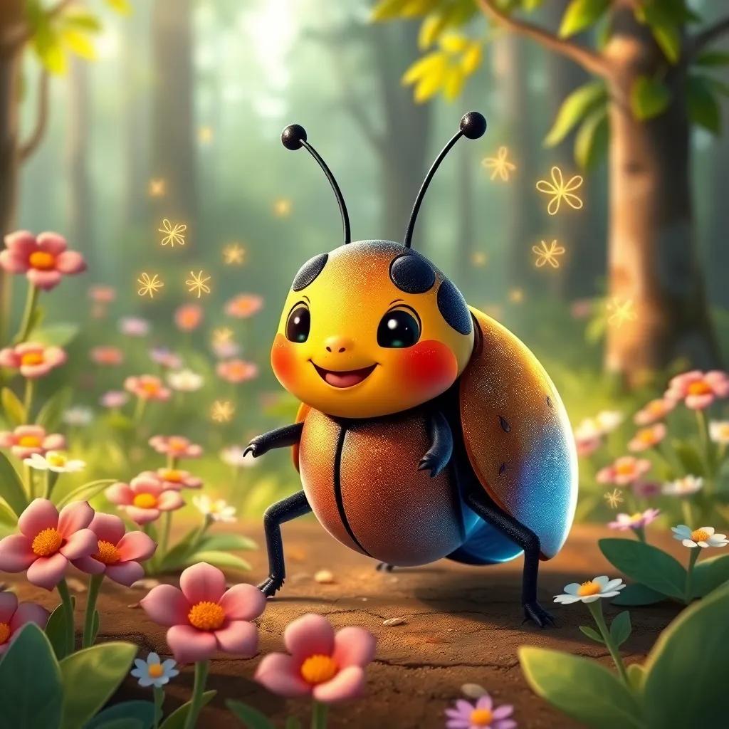 A cute beetle named Tico, with a sparkling shell, sharing new ideas with fireflies in the forest, surrounded by flowers and trees, cheerful expression, animated style.