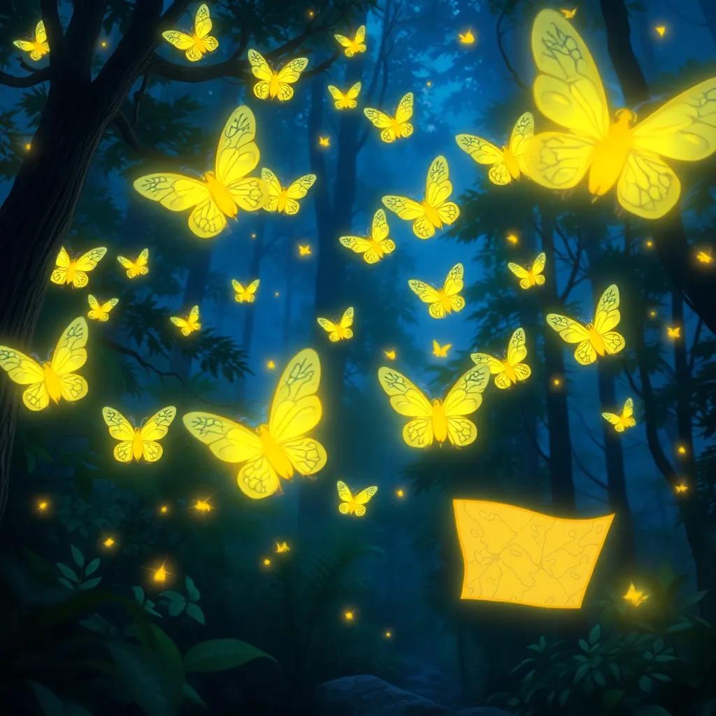 Fireflies flying in groups with treasure maps drawn by Tico, exploring the forest with excitement, bright glowing lights, enchanting scenery, adventure mood.