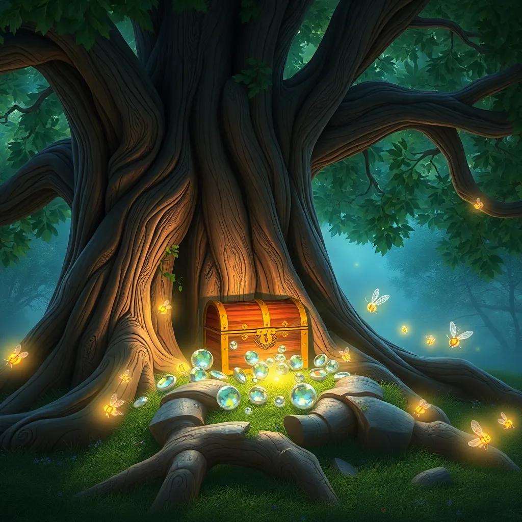 Old oak tree with a hidden treasure chest at its roots, fireflies discovering small mirrors reflecting light, playful and bright scene, whimsical atmosphere.