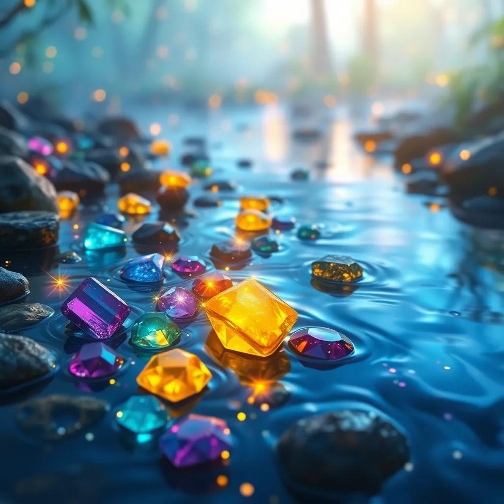 Stream with shimmering gemstones, fireflies touching them, making colorful reflections in the water, joyful gathering in nature, artistic and vibrant.