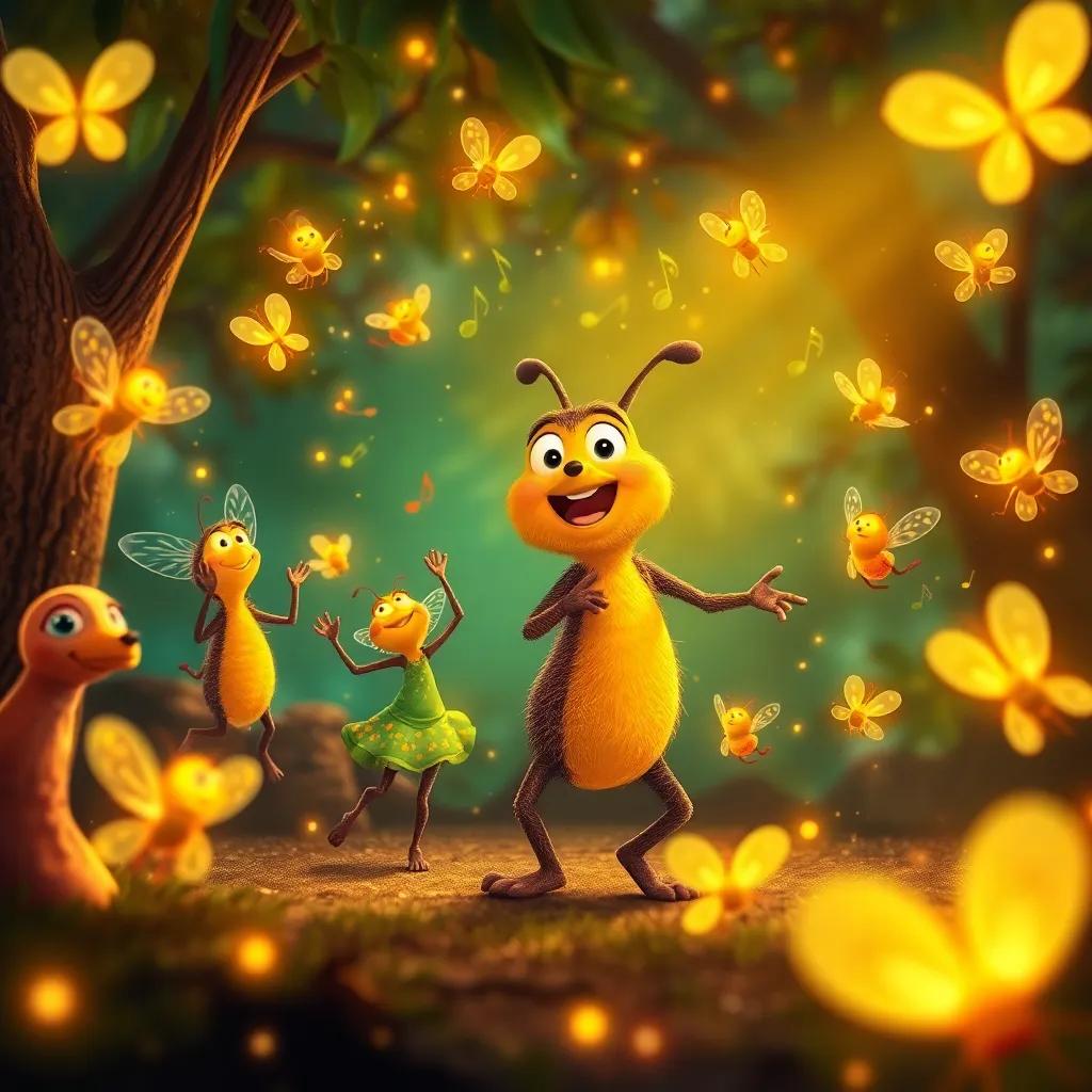 Fireflies dancing and celebrating around Tico in a circle, music filling the air, whimsical dance steps, sparkling lights, lively and cheerful fauna.