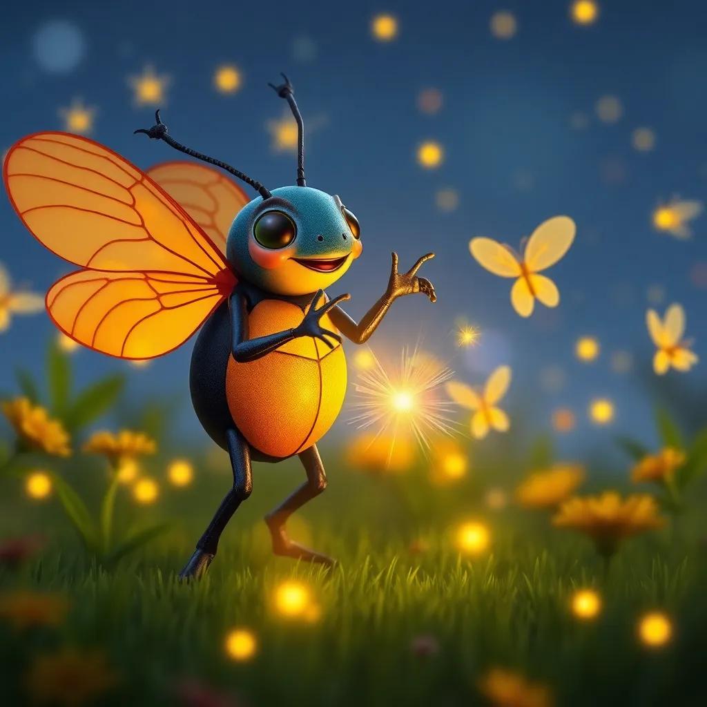 Tico the beetle teaching dance steps to fireflies, bright lights swirling around them, creating a magical moment, animated, joyful mood, rich colors.