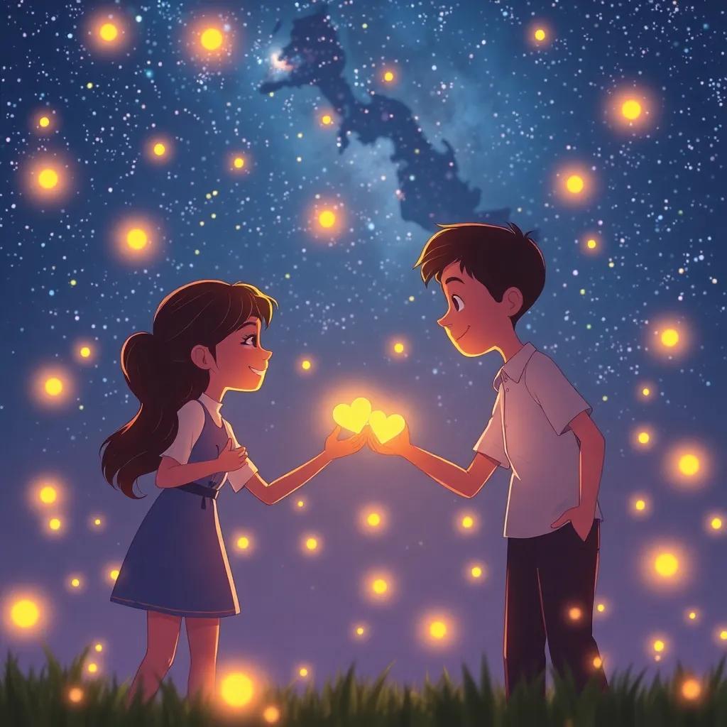 Fireflies bidding farewell under a starry sky, glowing hearts with excitement, connecting friendship and celebration, warm and bright night, uplifting atmosphere.