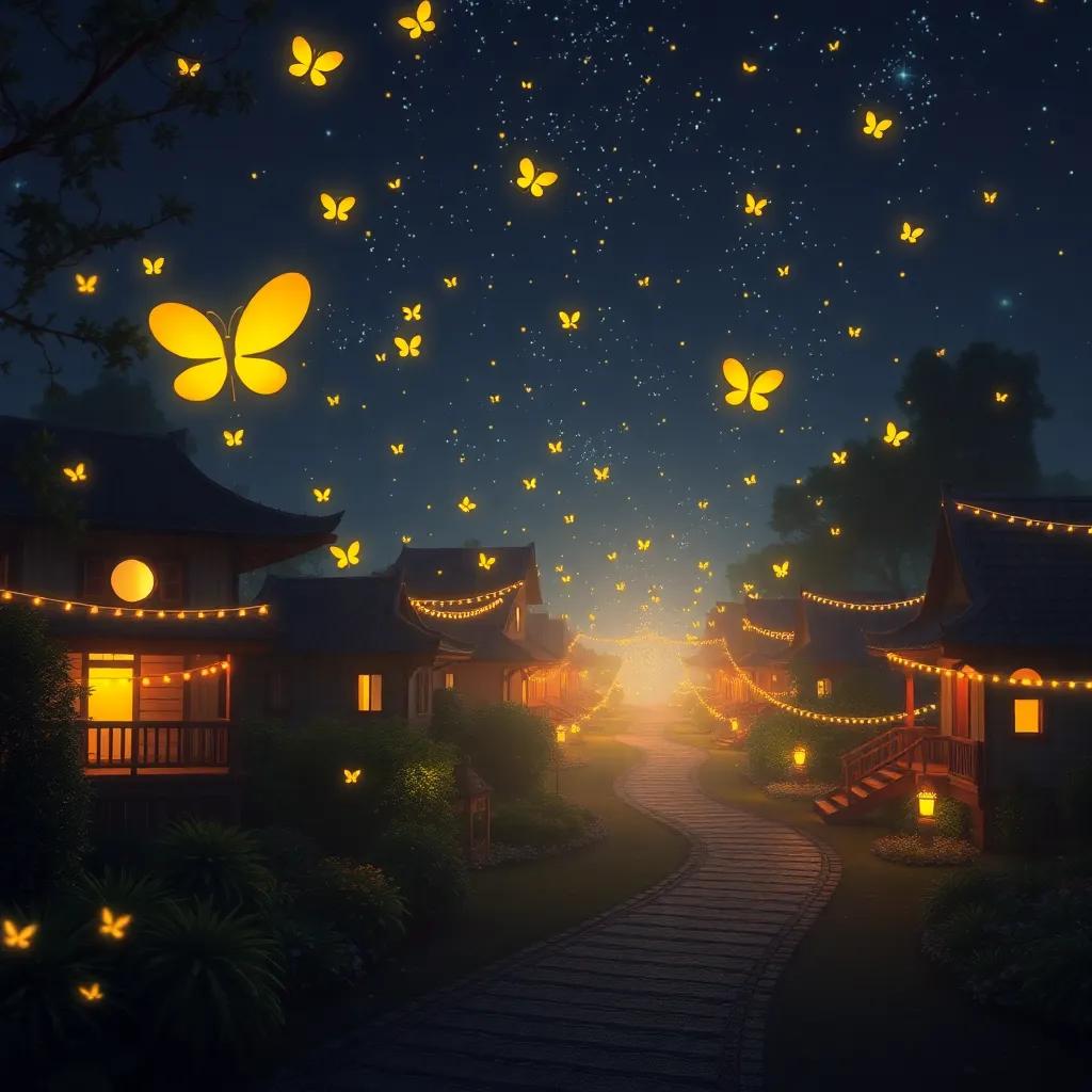 Fireflies flying to their homes, lights twinkling in the dark, reflecting joy from the festival, serene night with sparkling ambience, magical end.