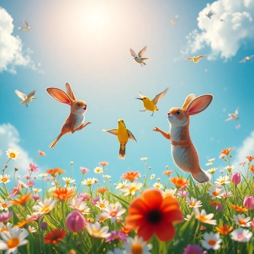 Un claro lleno de flores brillantes, animales como conejos, pájaros y ciervos bailando bajo un cielo soleado, digital art, vibrante, cálido y alegre