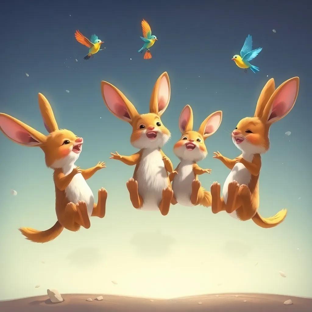 Un grupo de conejos saltando en círculos, sus orejas largas y suaves moviéndose, mientras los pájaros cantan en el aire, ilustración, colorido, lleno de vida