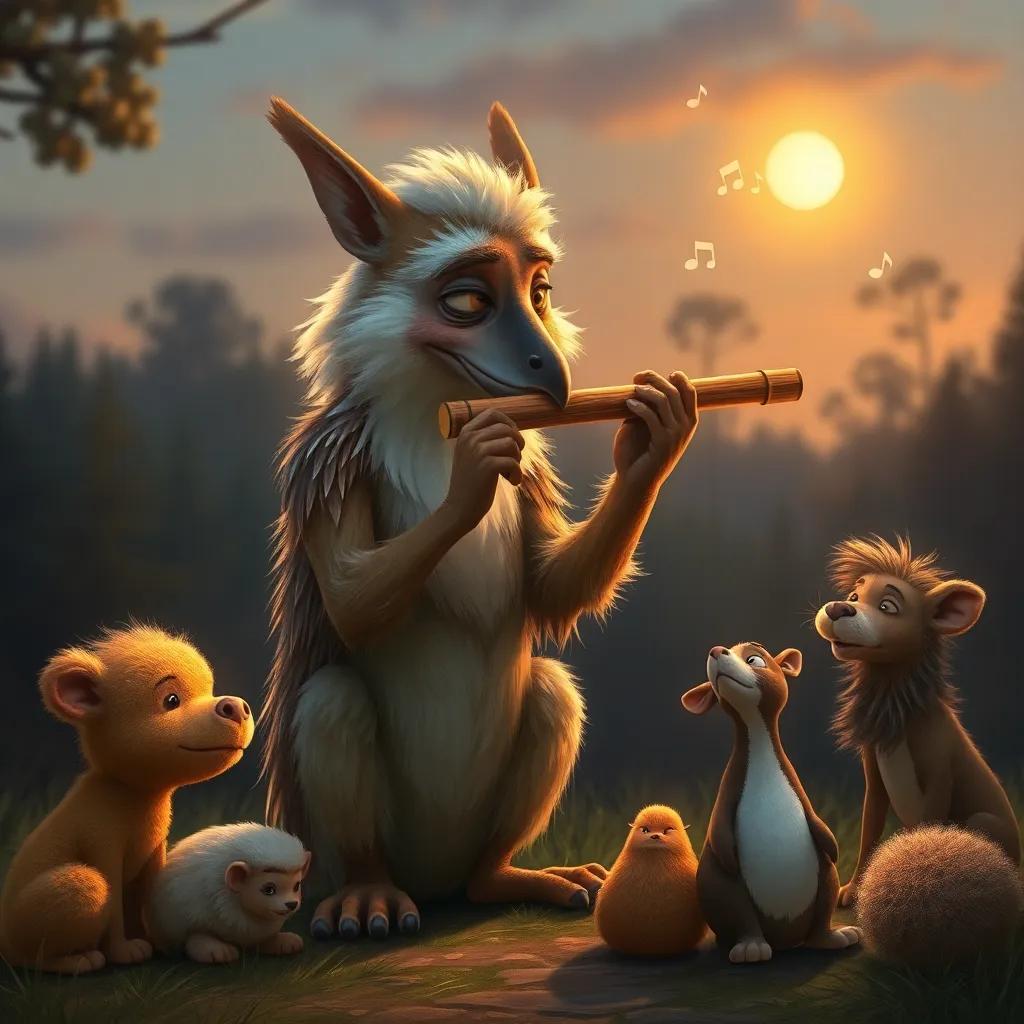 Un viejo ciervo con pelaje marrón claro tocando una flauta, animales sentados alrededor escuchando, la música fluyendo en el aire, digital painting, armonioso, conmovedor