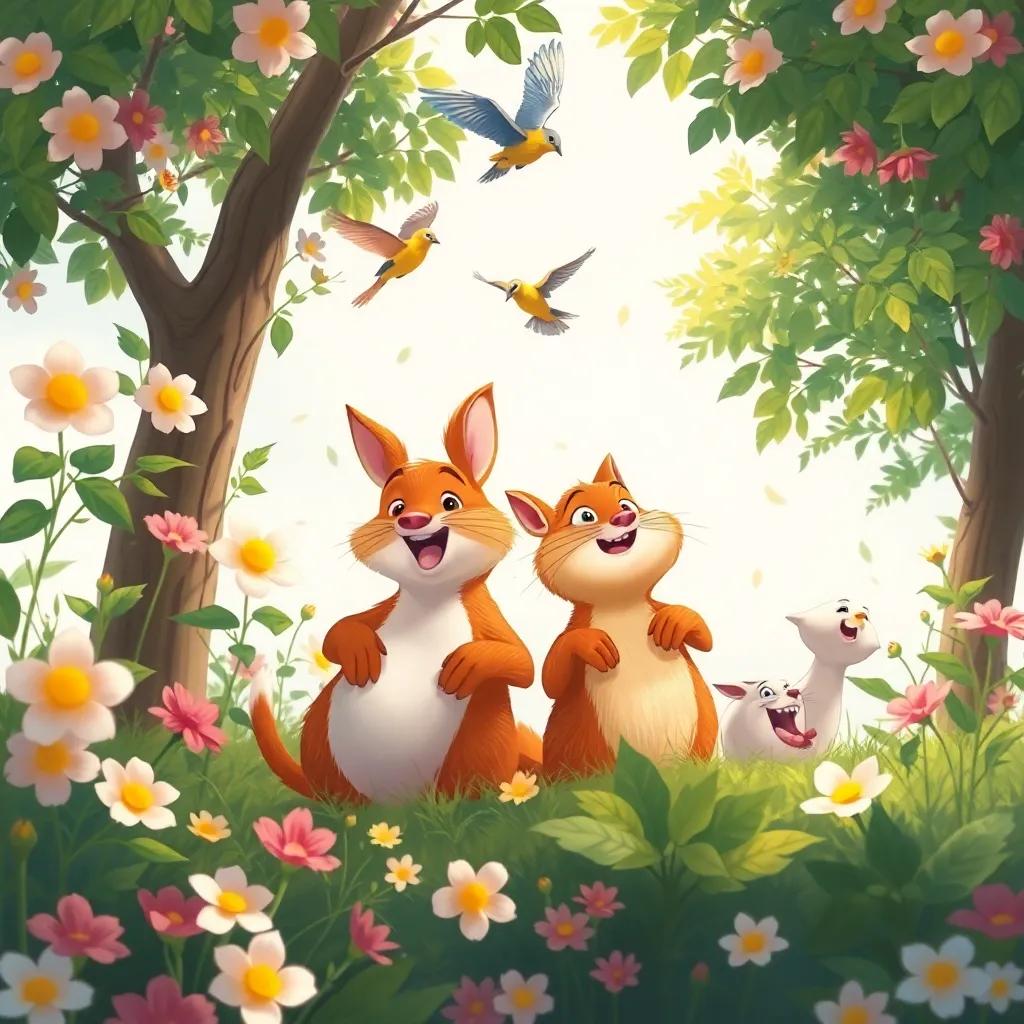 Animales jugando a esconderse entre flores y árboles, risas llenando el aire, conejos escondidos, mientras los pájaros vuelan por encima, ilustración, alegre, divertida