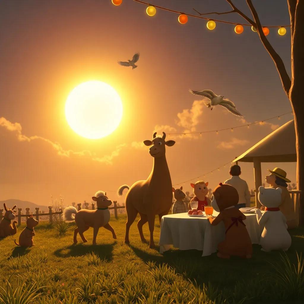 La fiesta terminando con el sol poniéndose, animales despidiéndose y volviendo a casa, un ambiente cálido, lleno de promesas, digital art, nostálgico, esperanzador