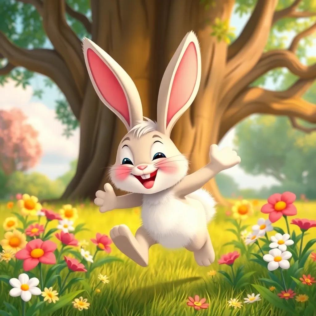 A happy bunny named Brincón, with a fluffy white coat and big ears, running joyfully with a smile, surrounded by flowers under a large tree, illustration, playful mood, dynamic composition, child-friendly