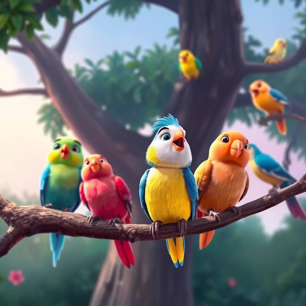 Colorful birds perched on tree branches, singing sweet melodies, one bird named Pico with blue and yellow feathers in the spotlight, enchanting scenery, cheerful expression, engaging atmosphere, pastel color scheme