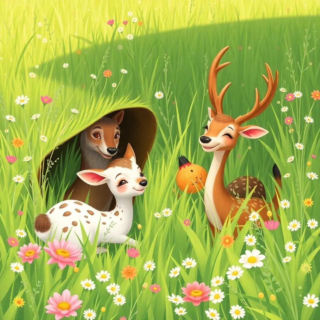 Animals playing hide and seek in a green meadow filled with fresh grass and wildflowers, elegant deer too, joyful laughter, vibrant scene, charming illustration, heartwarming storytelling vibe
