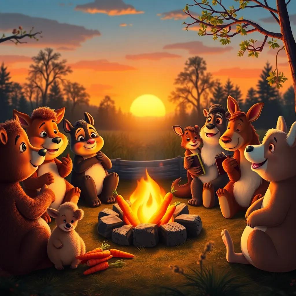 Animals gathered around a campfire at sunset, sharing stories and enjoying delicious carrots, warm glow of fire illuminating their happy faces, cozy and inviting setting, soft colors, heartwarming moment