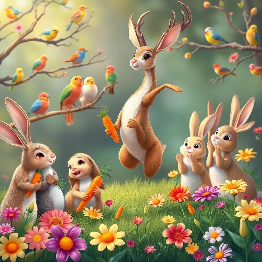 Rabbits with long ears sharing carrots, a group of singing birds perched on branches, a proud and elegant deer jumping while others applaud, vivid flowers in rainbow colors, cheerful scene, colorful illustration, inviting feel