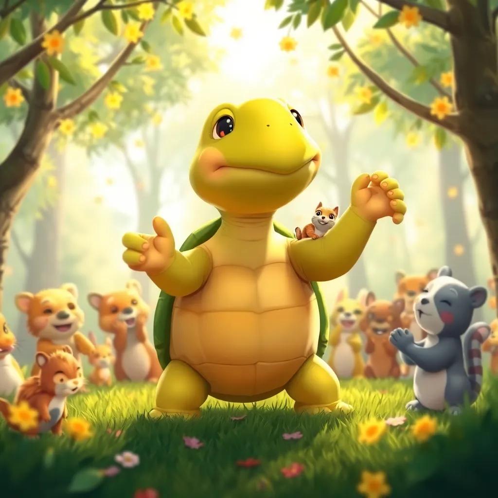 A turtle, nodding to the music, surrounded by applauding animals, a playful squirrel hiding between trees making everyone laugh, lively energy of spring in the air, cute and engaging style, child-friendly, warm light
