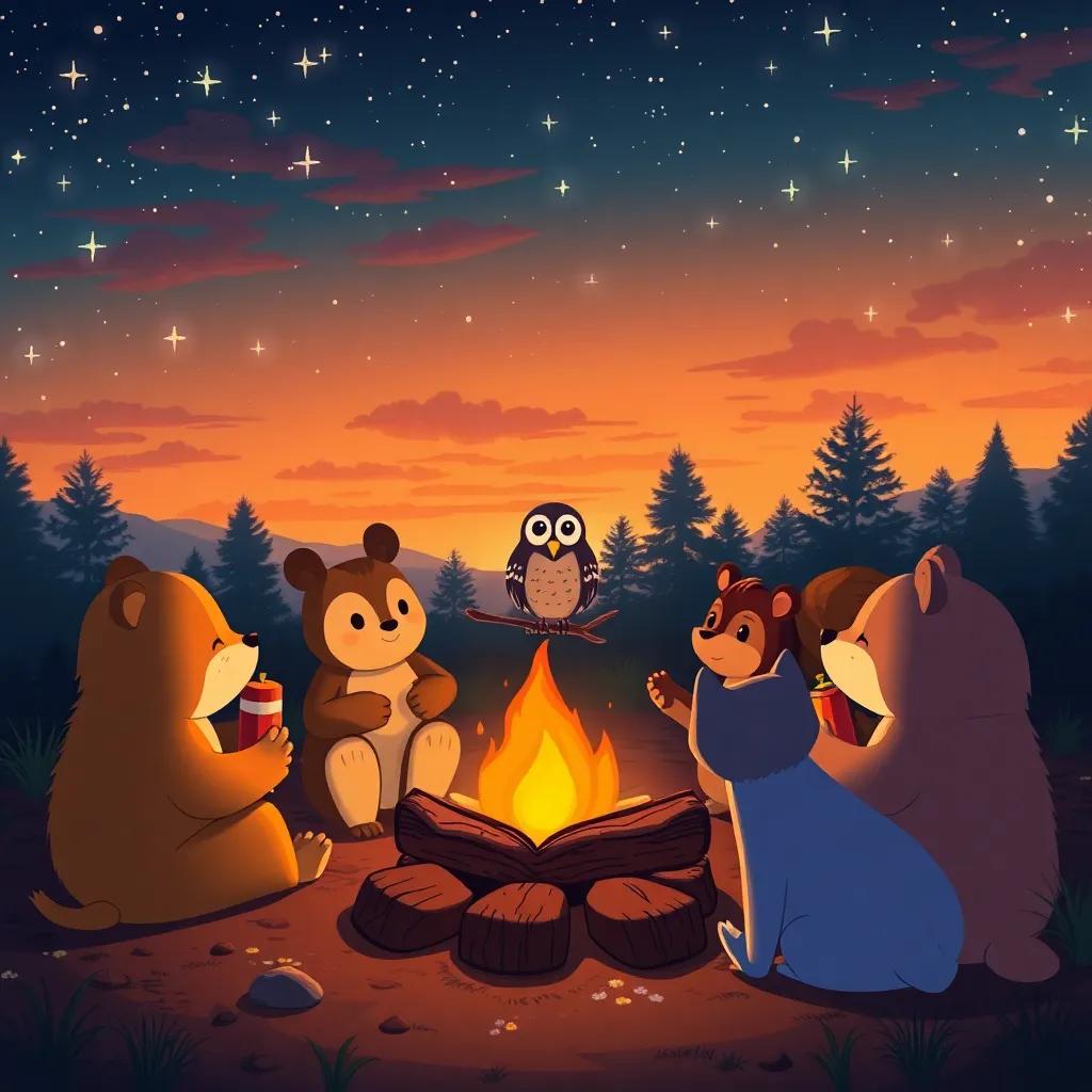 Animals sitting around a campfire at sunset, sharing stories about spring, a wise owl speaking to them, twinkling stars filling the night sky, comforting and peaceful vibe, heartwarming illustration, rich colors