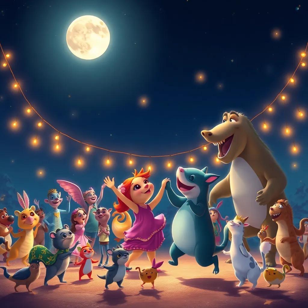 All animals joyfully dancing under the moonlight, from small creatures to larger ones, united in a dance of friendship, celebration atmosphere with warm glowing lights, fantasy art style, uplifting, serene quality