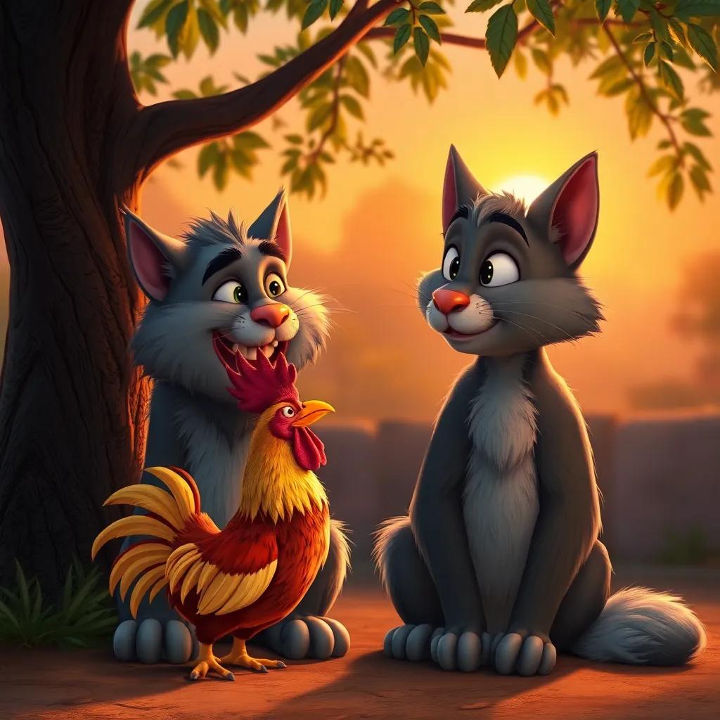 Felipe, a small rooster, talking to an old wise cat named Don Gato, who has gray fur and a friendly expression, sitting under a tree, during sunset, warm lighting, cozy scene, digital painting, enriching moment